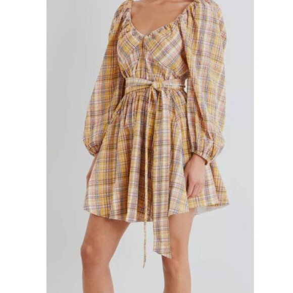 New Tanya Taylor Women's Yellow Xena Plaid Tie-Waist Long Sleeve Dress P4795